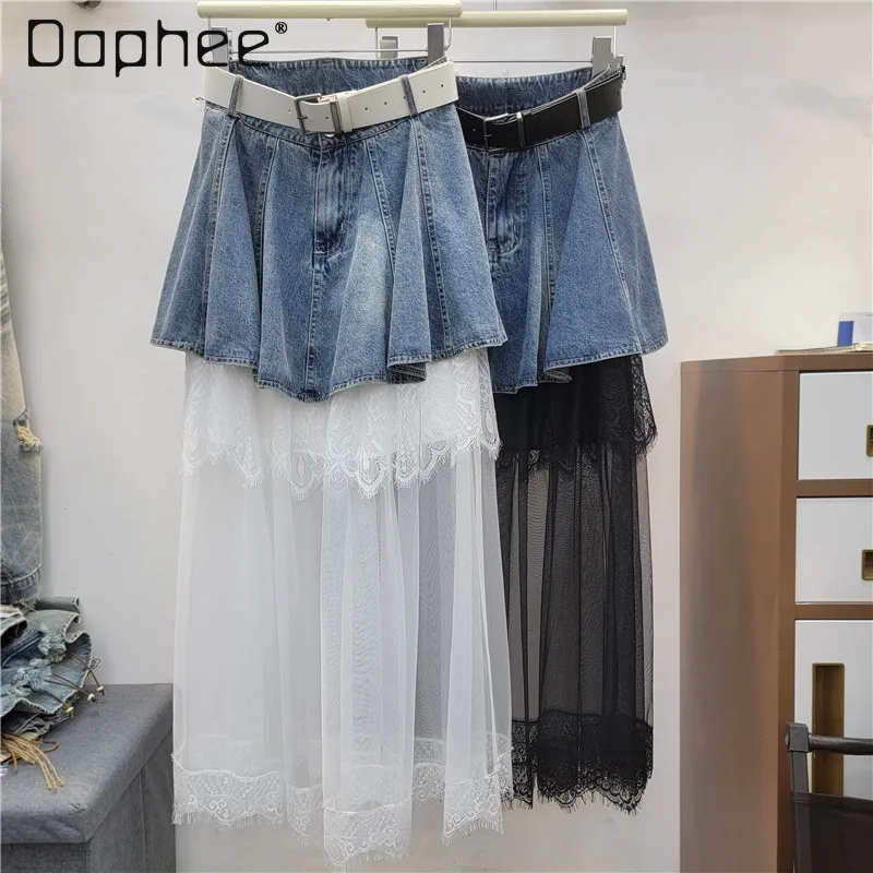 

2026 Summer New High-waisted Denim Fishtail Skirt Splicing Fake Two-piece Mesh Cake Medium and Long Skirt Women