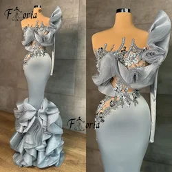 Newest Elegant Dubai Woman Evening Dress Silver Beads Ruffles Celebrity Party Dresses Eso Abi One Shoulder Formale Vestidos 2023