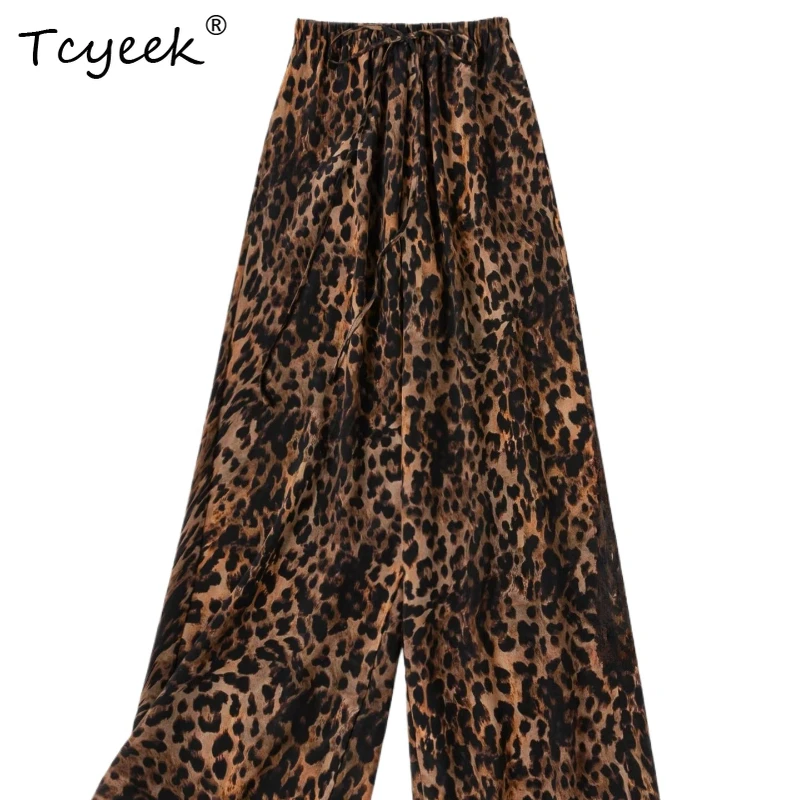 Tcyeek 100% Real Mulberry Silk Long Pants Women 2026 Loose Leopard Print Wide Leg Pants Casual Woman Clothes Pantalones De Mujer
