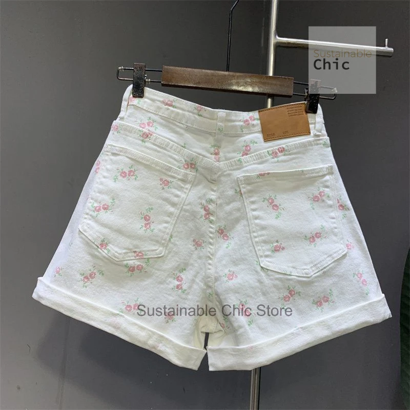 French sweet floral white flanging denim shorts female summer new fashion plus size high waist slim hemmed casual wide-leg pants