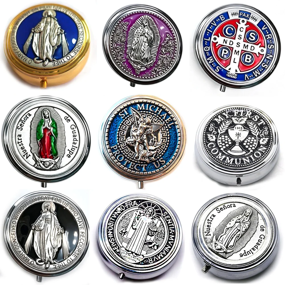 QIGO Retro Metal Holy Grail Saint Benedict Guadalupe Rosary Necklace Boxes Religious  Jewelry Packing Case Gift