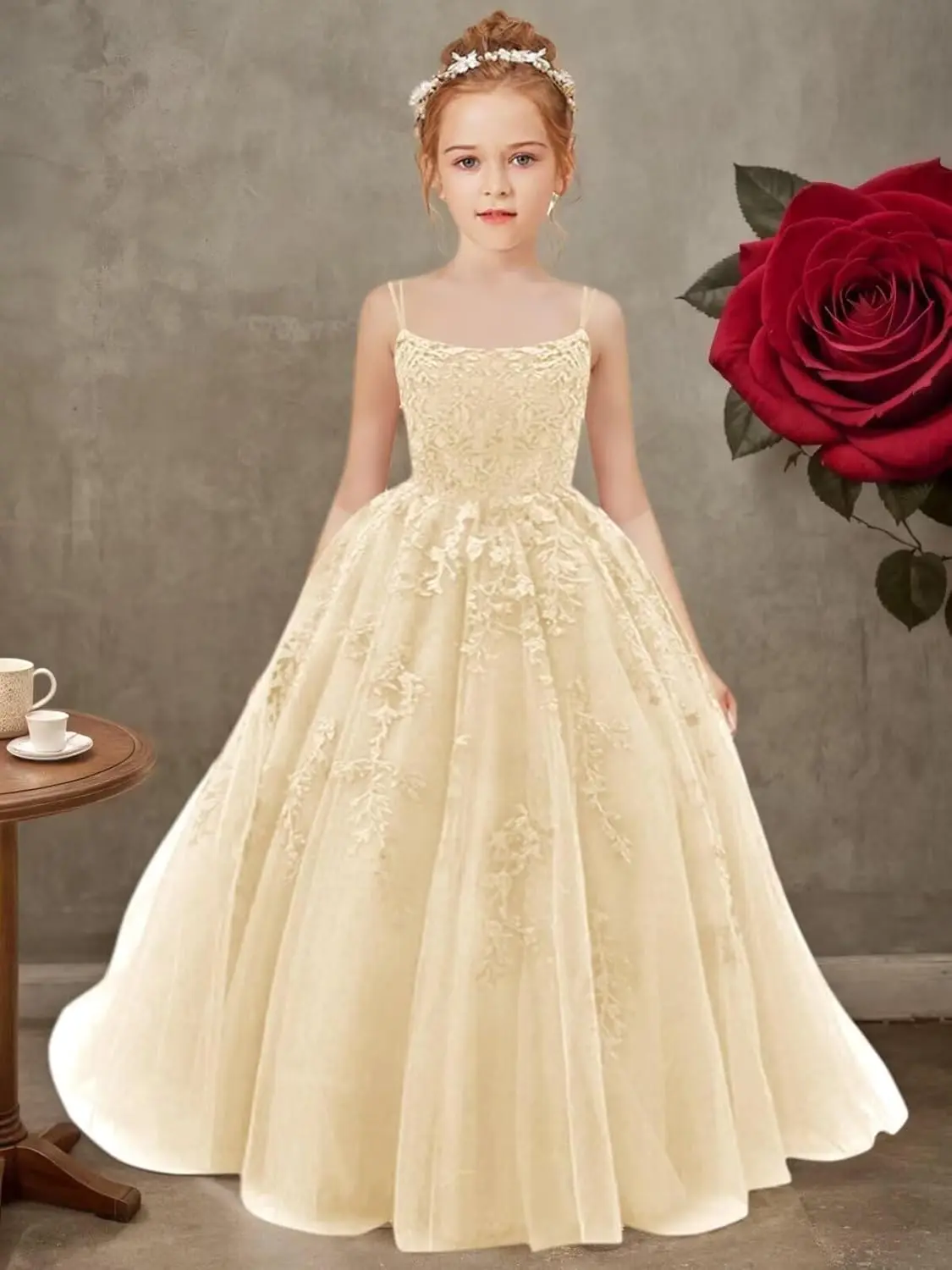 Flower Girl Tulle Square Neck A Line First Communion Dress Girls Lace Applique Pageant Party Ball Gown  Flower Girl Dresses