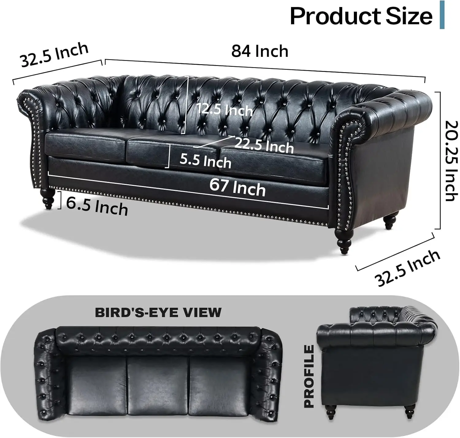 Chesterfield Sofas For Living Room, Black Rolled Arm 3-Seater Leather 84