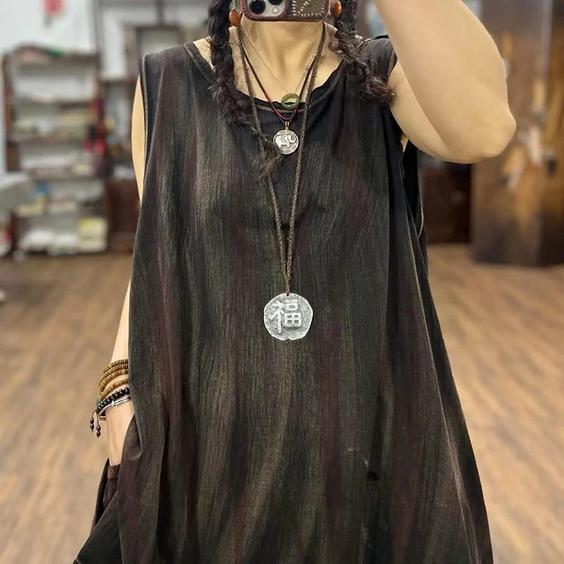 Arts Style 2025 New Arrival Summer Women All-matched Good Quality Cotton Tank Tops Loose Casual Carnivals Sleeveless Tops F129