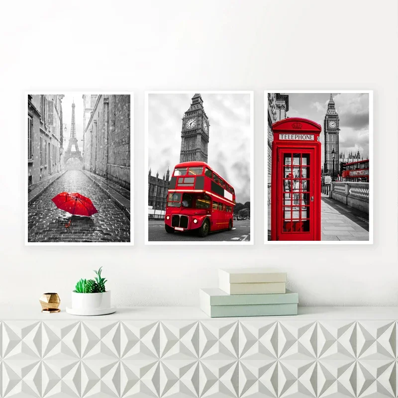 Kleur aanpassen Contrast Londen Parijs Landschap Stad Canvas Schilderijen Nordic Street Posters en Prints Kamer Wall Art Decor Foto's