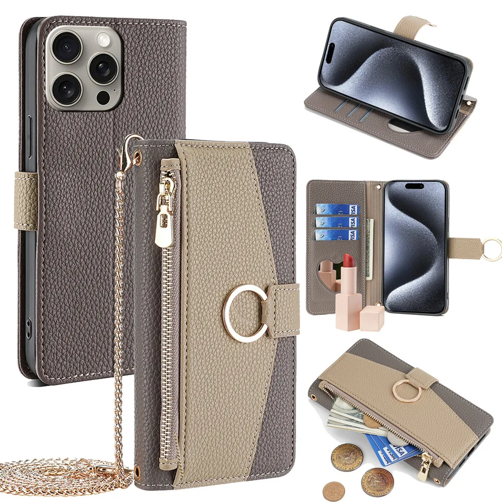 Leather Phone Case for iPhone 16 15 14 13 12 11 Pro Max Crossbody Wallet Case X XR 7 8 Plus Flip Mirror Cover with Long Lanyard