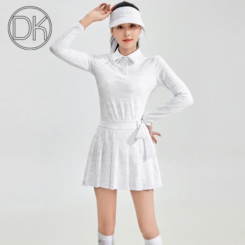 DK Spring Summer Ladies Golf Top Printed Long Sleeve Button Collar Shirt Woman High Waist Golf Skort Pleated Bowknot Skirts Suit