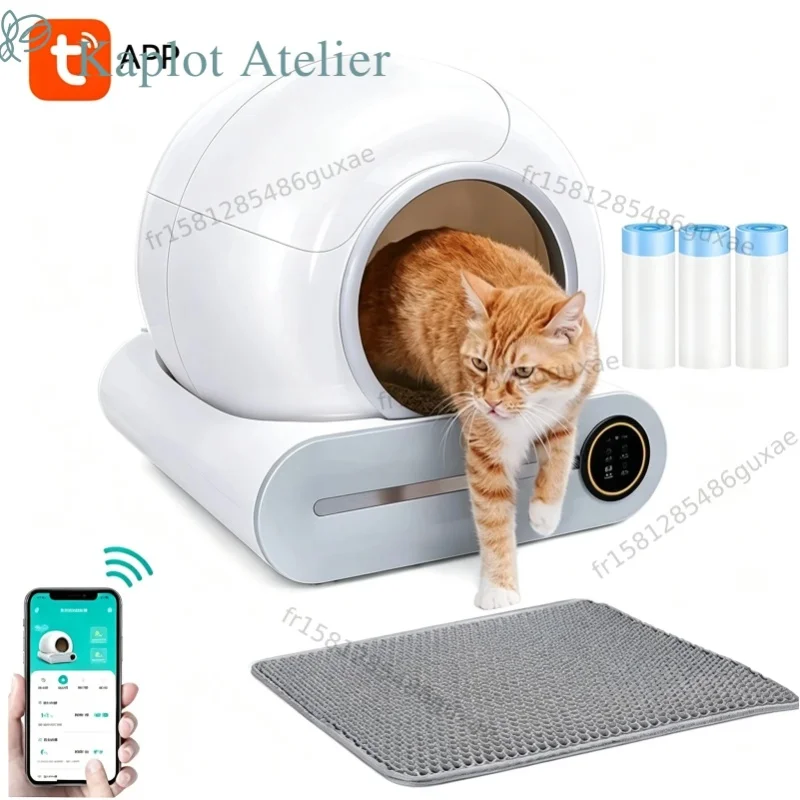 65L Automatische Selbstreinigende Katzentoilette, Intelligente WiFi-App-gesteuerte Katzentoilette mit Geruchskontrolle und Sicherheitsschutz, inklusive Streumatte und 3 Rollen Abfallbeuteln, geeignet