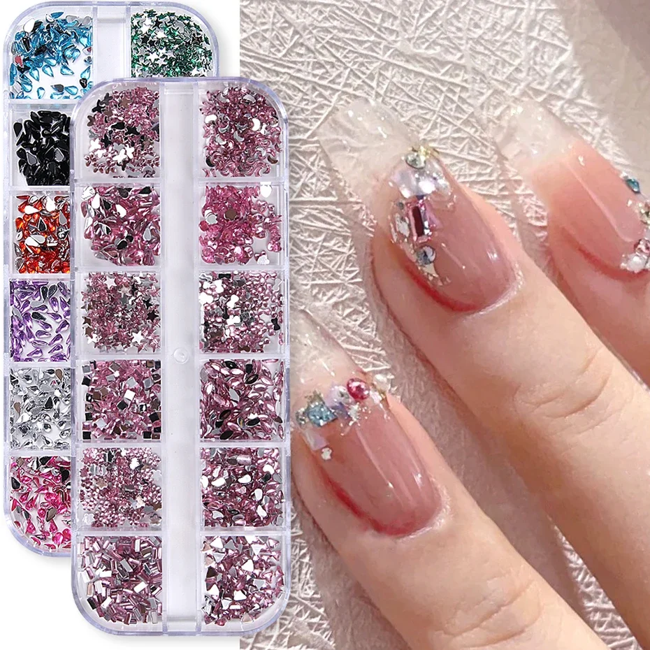 12 Grids Mini Multi-Shaped Crystal Nail Rhinestones Butterfly Flower Star Drop Sparkling Jewelry DIY Charm Manicure Decor Strass