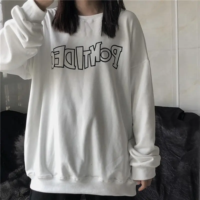 Lazy Style Print Letter Loose Hoodies Sweatshirts Spring Autumn Thin Solid Street Casual Pullovers Vintage Trend Women Clothing