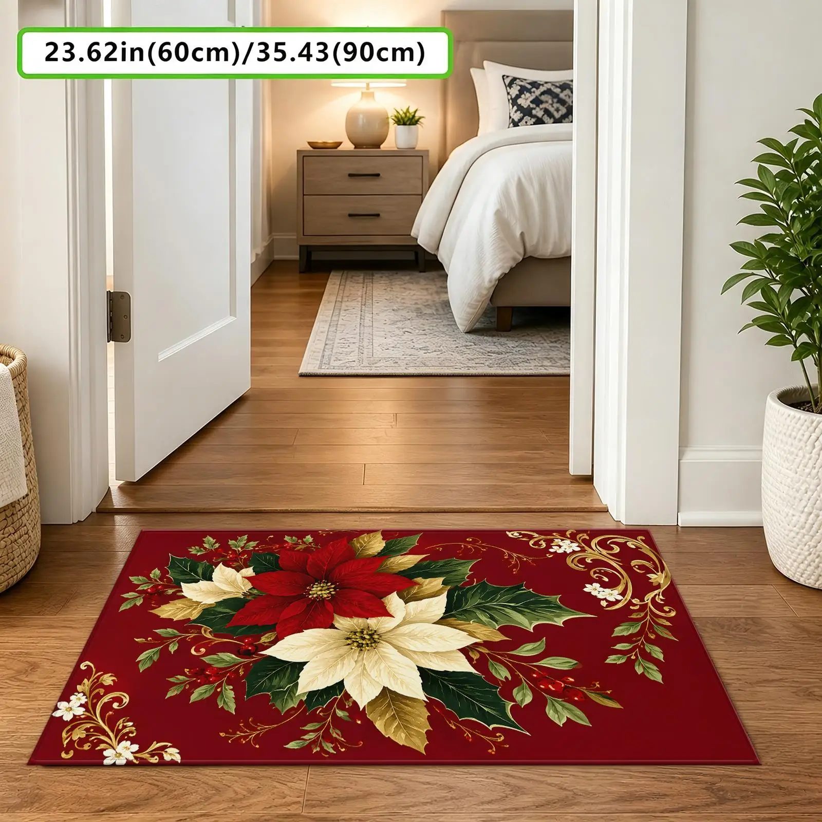 1pc 2D Flat Christmas Red‑White Poinsettia Holly Berry Printed Floor Mat, Decorative Rug for Living Room, Bedroom, Home