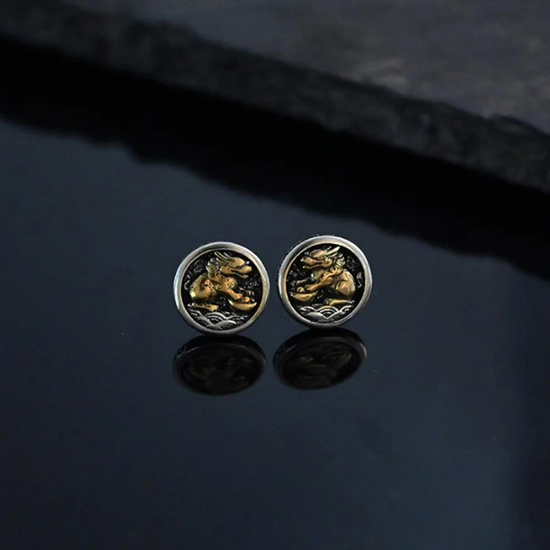 Retro Wealth Attraction Pixiu Fabulous Wild Beast Earnail For Male Trendy Personality Asymmetric Creativity Earrings KOFSAC
