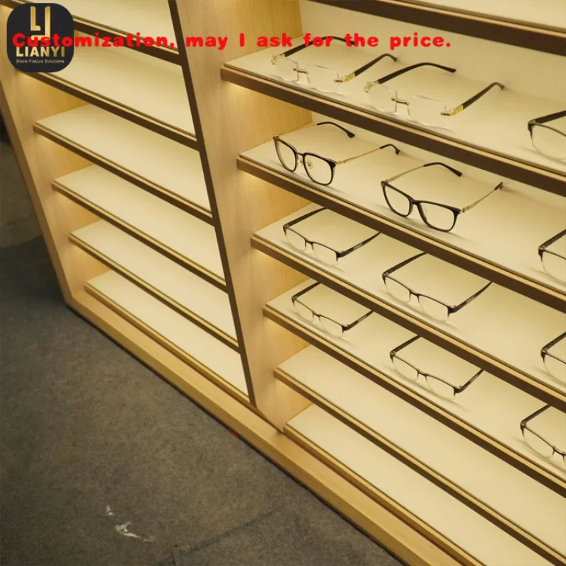 custom.LIANYI LED Lighting Wood+Metal Wall-Mounted Sunglass & Optical Display Cabinet with Custom Color & Dimension OEM/ODM Serv