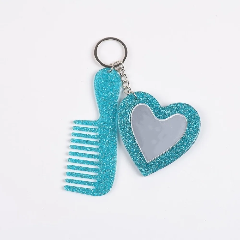 High-end Mini Heart Makeup Mirror Keychain Simple Anti Loss Comb Mirror Keychain Colorful Shining Keychain Pendant Gift