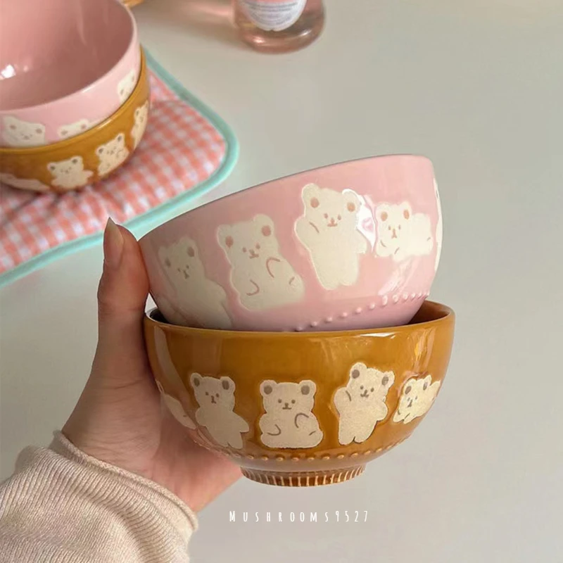 Korean Cute Pink Embossed Bear Ceramic Rice Bowl, Single Household Snack Bowl, Yogurt Breakfast Bowl, 1 Piece, 2 Colors