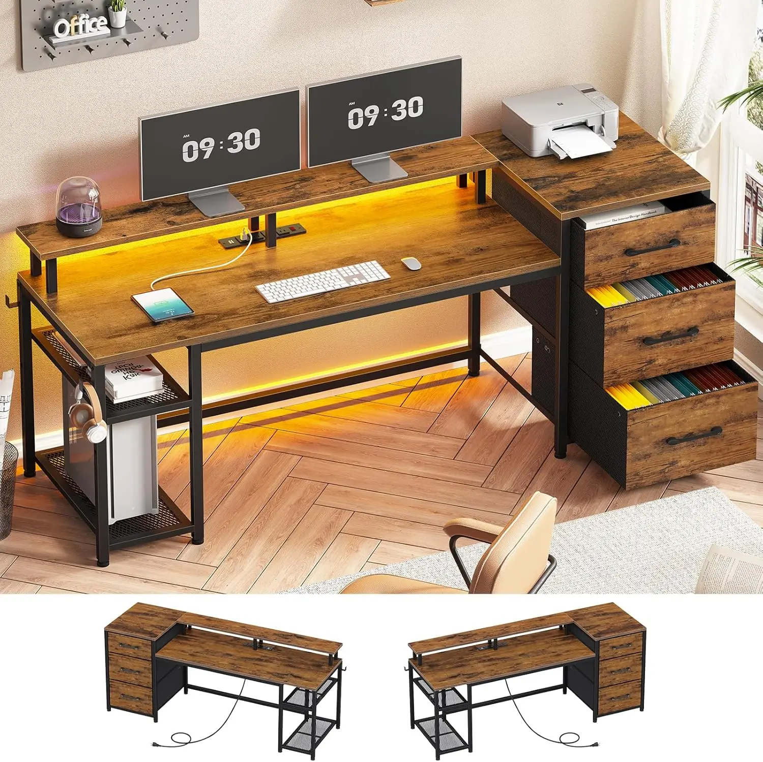 

SEDETA 59" Home Office Desk with Drawers Reversible Computer File Drawers Storage Gaming LED Lights Power Outlet Printer