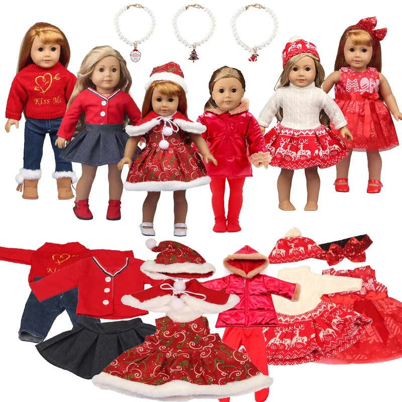 Red Color Doll Clothes Set For 43cm Baby New Born Doll Christmas Dress Suit Pair Necklace For American 18 Inch Girl&OG Dolls Toy