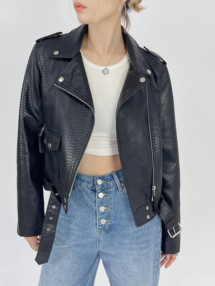 

FTLZZ New Spring Autumn Women Biker Moto Pu Coat Streetwear Slim Lapel Zipper Faux Leather Jacket with Belt Casual Short Outwear