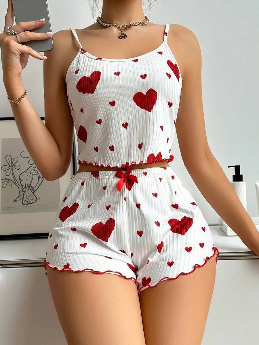 Faux Cotton Pajamas for Women Summer Heart Print Sexy Sleepwear O-neck Pyjama Top Shorts 2-piece Soft Sleeveless Nightwear