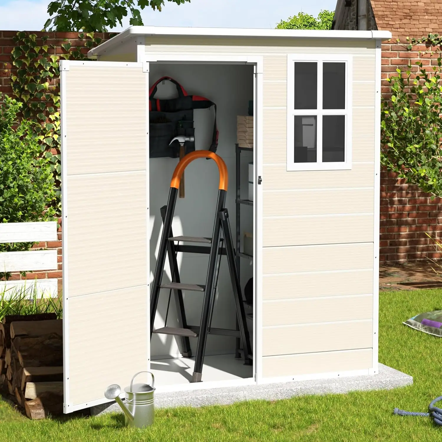 

5x3FT Resin Shed with Floor, Lockable Door & Window, Waterproof Tool Sheds & Outdoor Storage for Bike, Garbage Cans,Garden