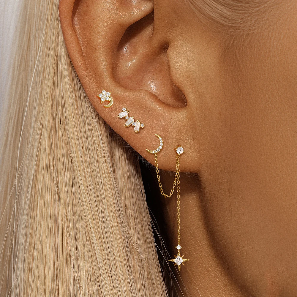 Neue Ankunft 3PCS Edelstahl Mode Quaste Kette Stud Piercing Ohrringe Set Für Frauen Zirkon Hochzeit Schmuck Geschenke