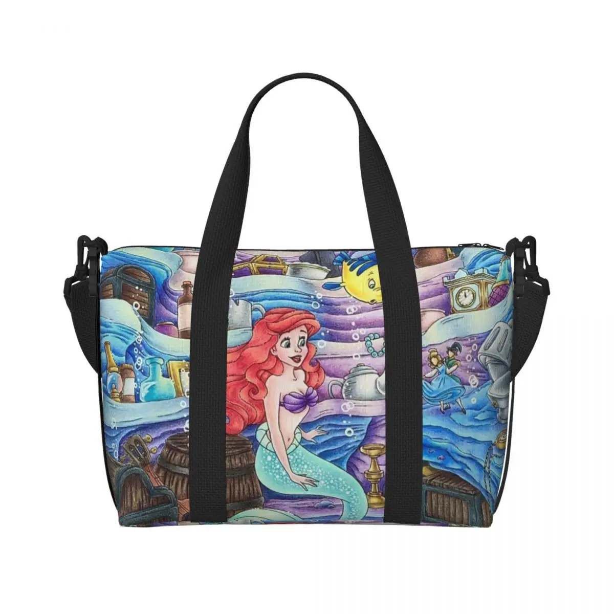 Custom Large Cartoon Mermaid Princess Tote Bag for Women Shoulder Shopper Beach Gym Travel Bag