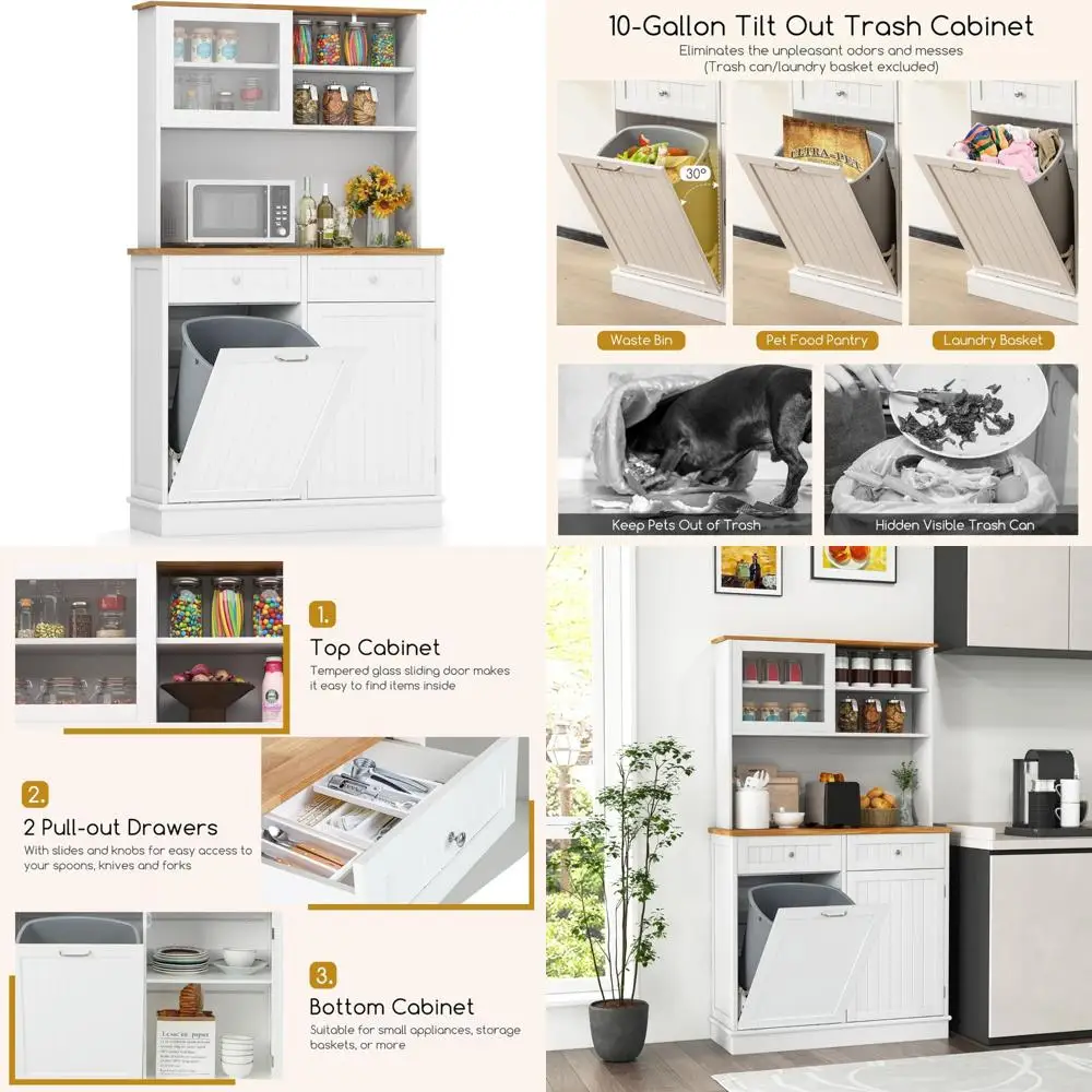 Giantex 68” Tall Kitchen Pantry, Buffet Hutch w/Tilt Out Trash Can Storage Cabinet, 2 Drawer, Shelves, Rubber Wood Microwave Cou