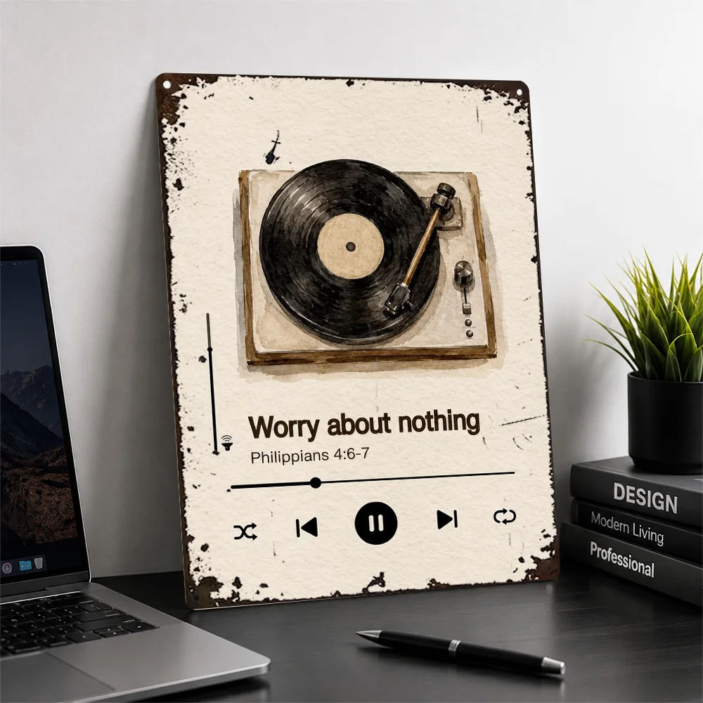 Worry About Nothing Record Player Printed Poster Retro Graphic Wall Art For Study Personalized Aluminum Metal Sign Birthday Gift