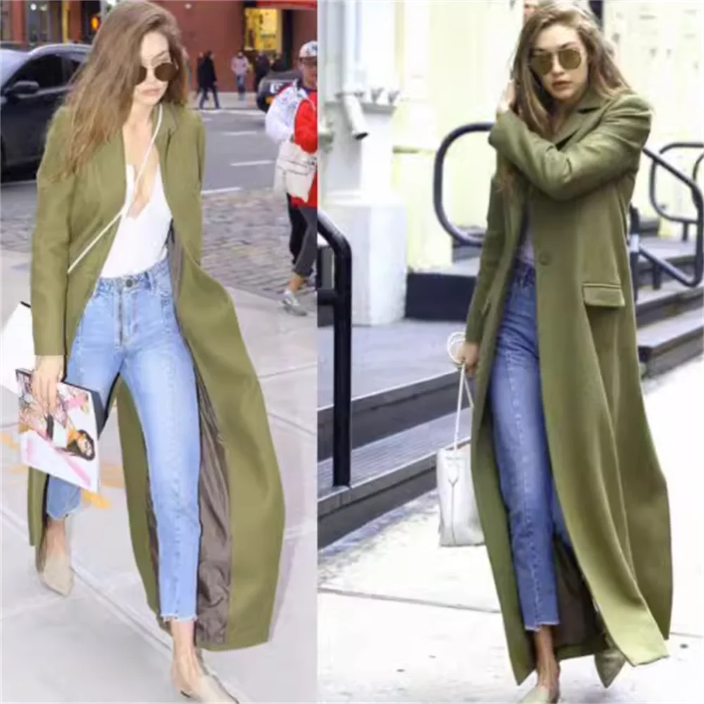 

Autumn and winter new suit lapel green woolen coat women maxi long ladies coat