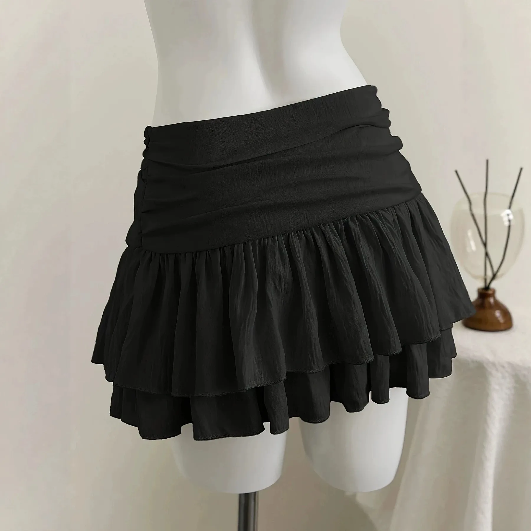 Low Waist Double Layer Black Chiffon Skirt Women's Fashion Commute Style Pleated Semi-Body Skirt Holiday Wind Cross-Border Ne...