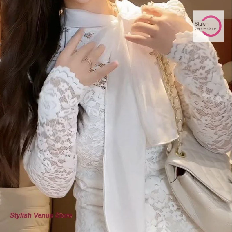 French socialite temperament sweet bow tie long sleeve lace shirt women's spring and autumn new gentle wind casual top.