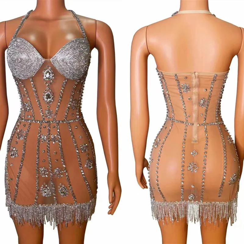 

Luxury Prom Shiny Rhinestones Mesh Bodycon Mini Dress Sexy Transparent Fringe Dance Costume Birthday Party Bar Stage Costume