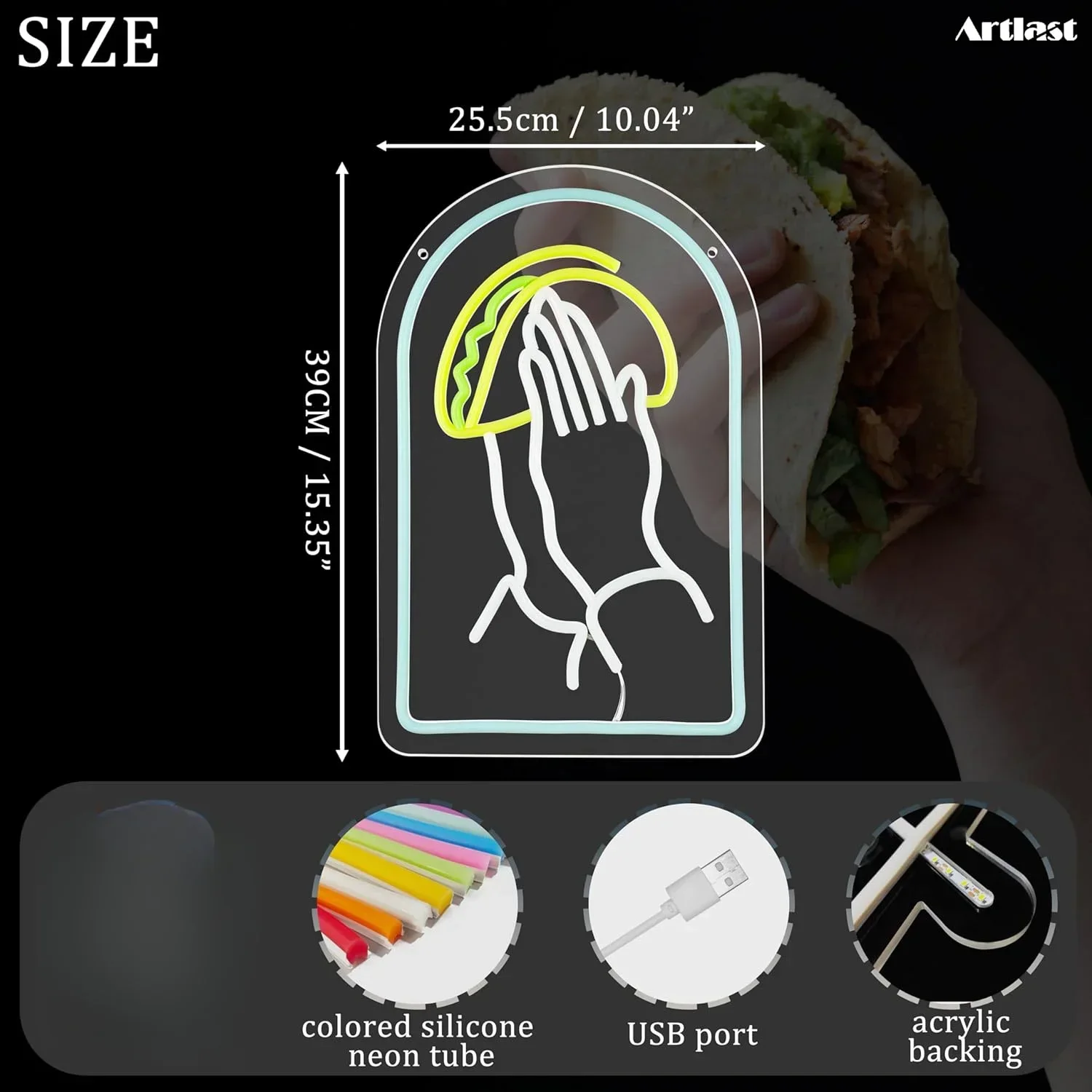 Praying Hands Holding Tacos Neon Sign LED Tacos Neon Light Mexican Food Shop for Wall Decoration Store Gifts for Tacos Lover