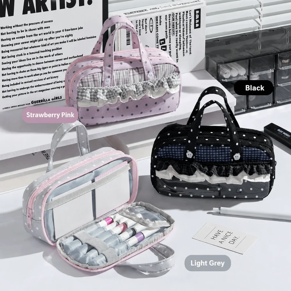 Kawaii Ruffle Lace Trim Pencil Case Polka Dot Print Multi-Layer Pencil Pouch with Clear Window Handheld Pen Bag Students
