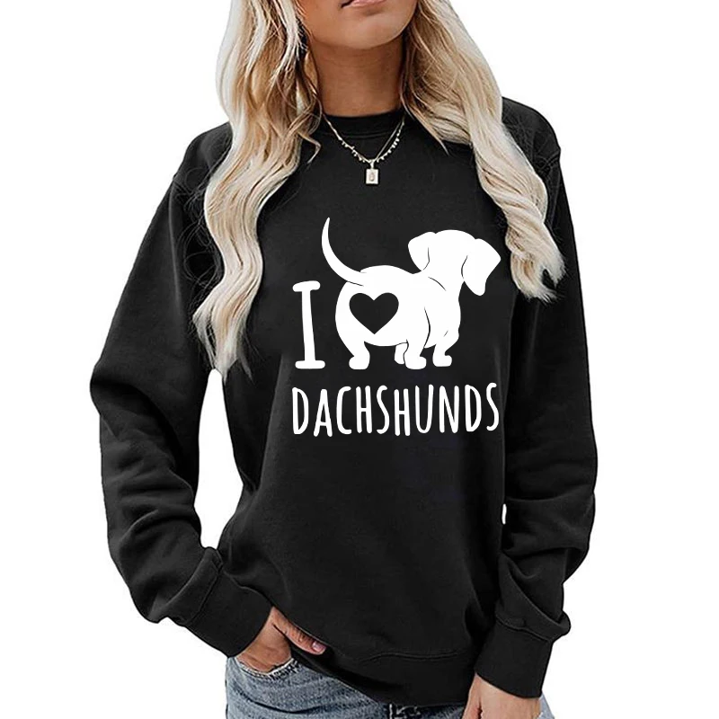 (A+Quality)Fashion I Love Dachshund Printed Sweatshirts Spring Autumn Winter Long Sleeve Round Neck Casual Sweater Women Hoodies