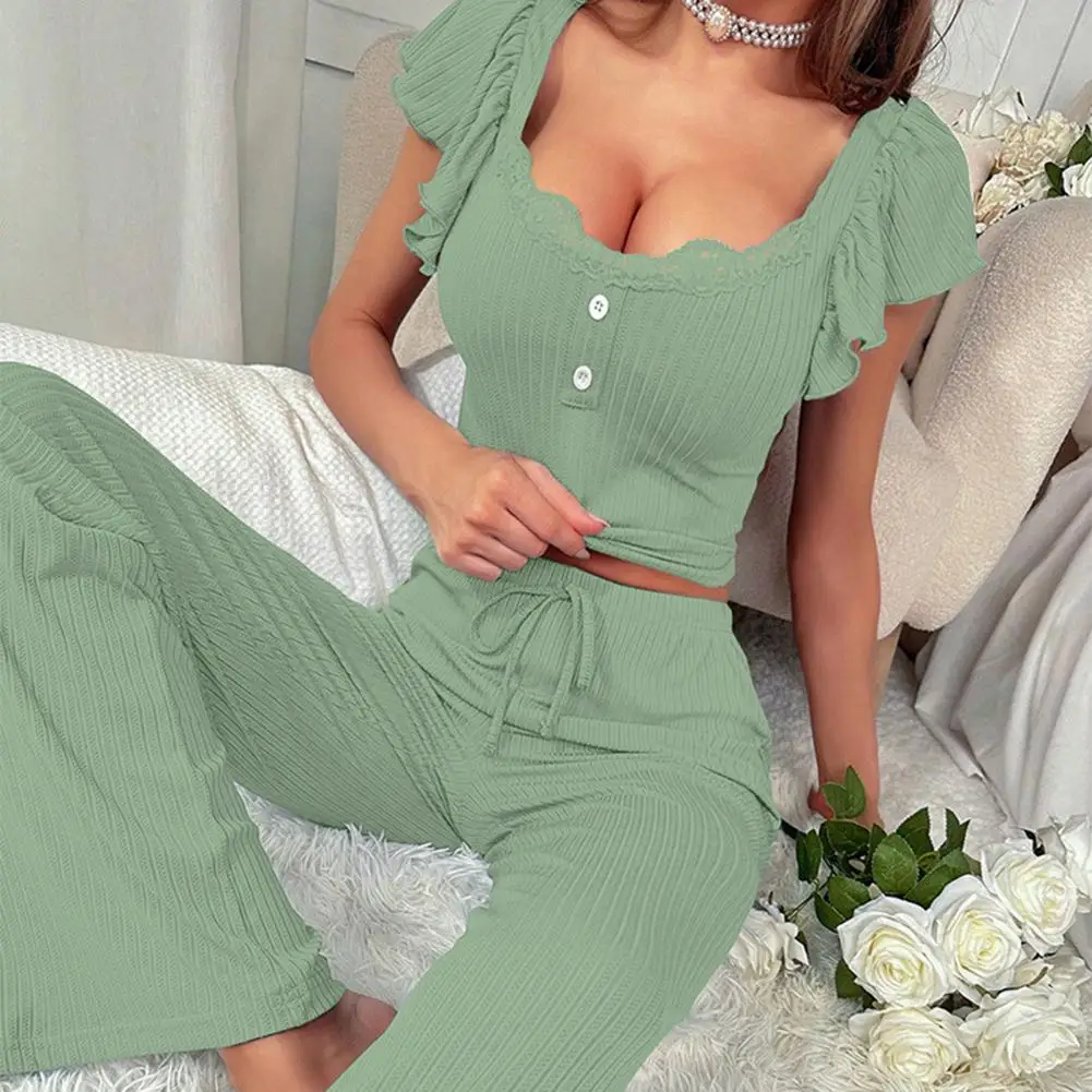 

Two-piece Home Loungewear Elegant Summer Women's Top Pants Set with Short Sleeves Scoop Neck Elastic for Homewear for Comfort