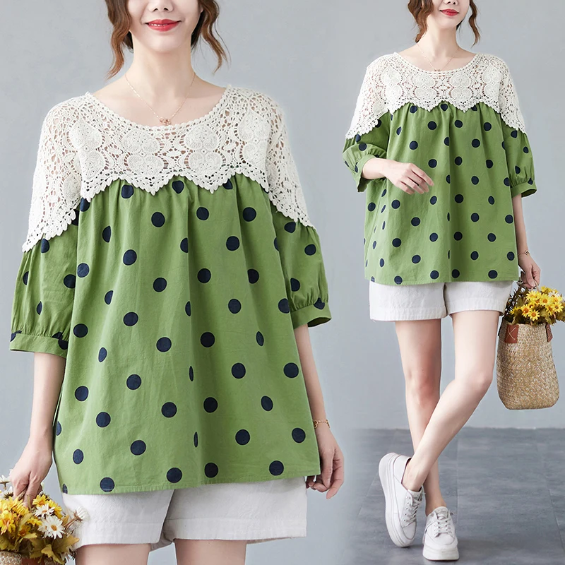 

Sweet Lace Splice Polka Dot irt ort Sve Doll Top Trendy Summer New Arrival plus Size Women's Korean Sle Bubble Sve