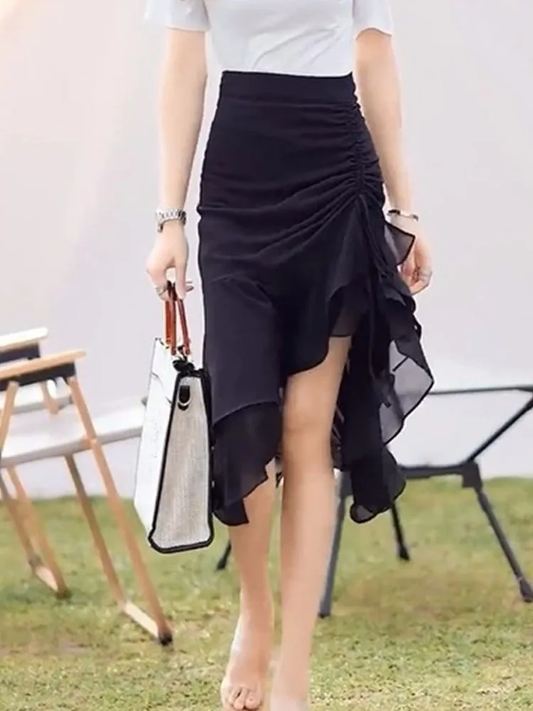 Sheath Fishtail Skirt Summer Mid-Length Slimming High Waist Slim fit Slimming Design Irregular Split Skirt for Women