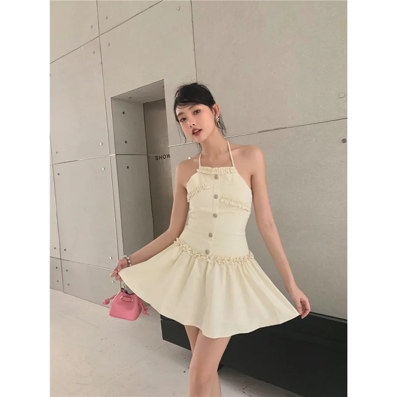 Elegant Party Dresses Summer Chic Fairy Skirt Irregular Solid Strap Heavy Work Delicate Princess Apricot Color Ball Dress