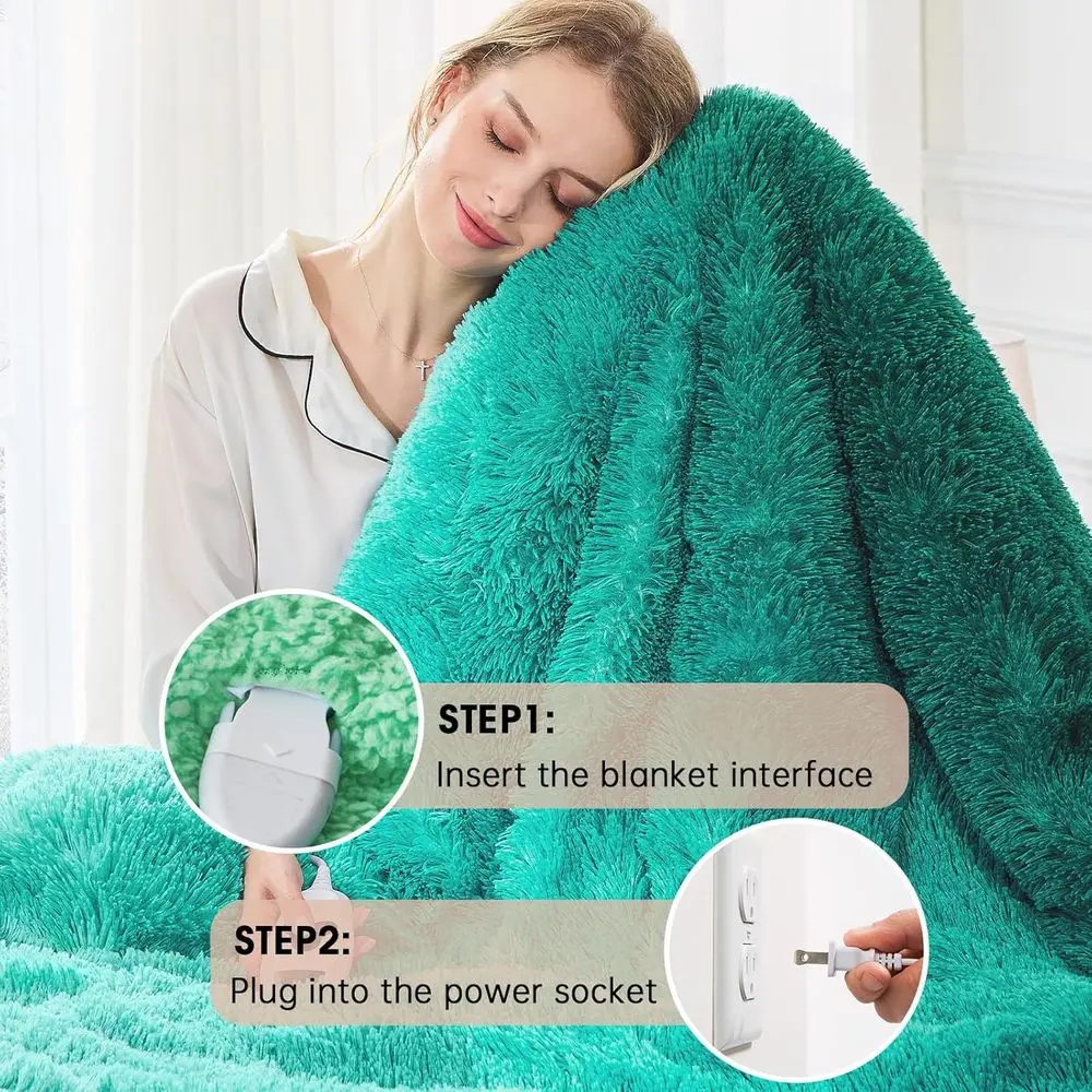 Электрическое одеяло из шерпа из искусственного меха — 10 нагрева и 5 настройков таймера, быстрое тепло, 50x60, лесной туман