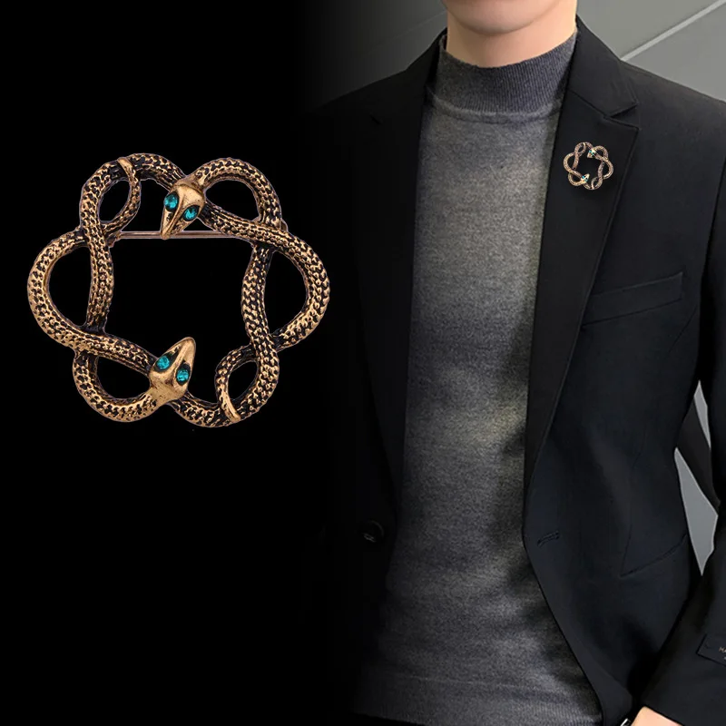 New Retro Metal Snake Brooch Animal Rhinestone Crystal Lapel Pin Men's Suit Coat Collar Pin Badge Jewelry Clothing Accessories