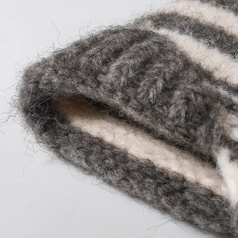 Autumn Winter Striped Ear Cover Cable Knit Tie Wool Blend Soft Warm Cute Beanie Hat Women