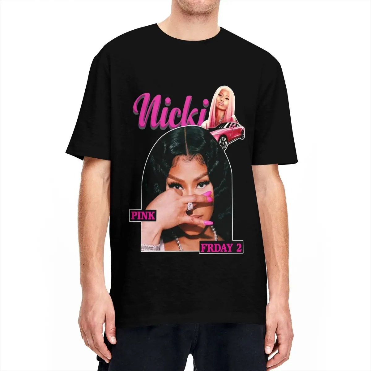 Retro Vintage Nicki Minaj Car Pink T Shirt Men's Cotton Short Sleeve Round Neck Summer Tops