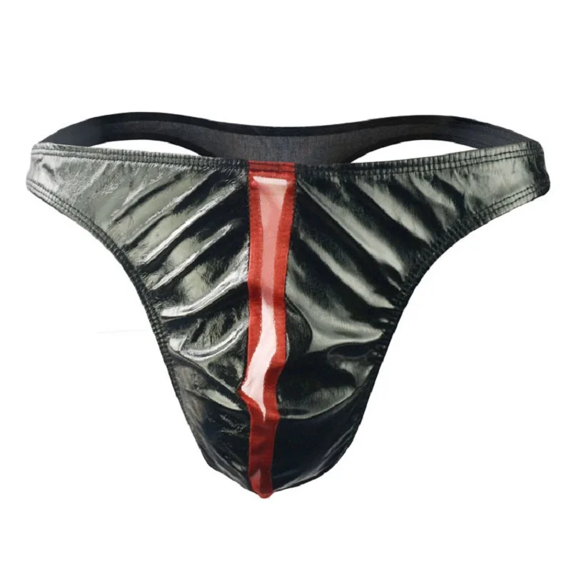 

Male Faux Leather Red Gack Patchwork Thong and G-string Sexy Men's Underwear Panties ZJH208