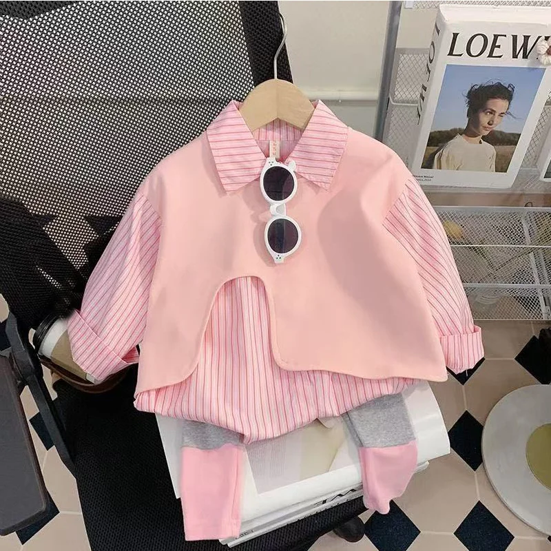 Girls Striped Sets Spring Autumn New Long Sleeve Shirt+leggings 2Pcs Kids False Two Piece Shirt Outfits Children Clothes  345
