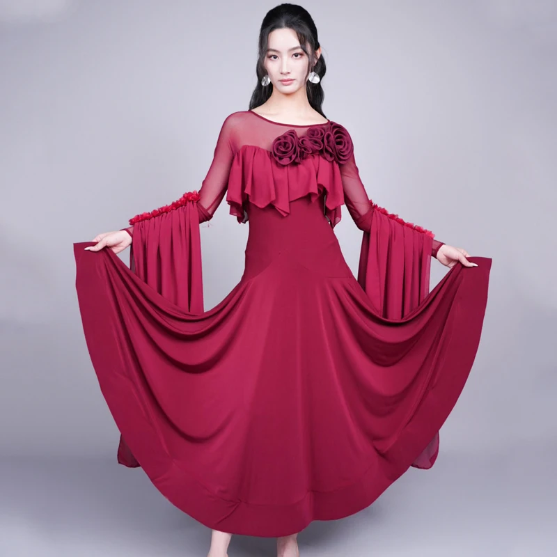 Waltz Ballroom Dance Competition Dress Flared Sleeves Latin Dance Performance Costume Women Modern Dancing Clothes SL15087