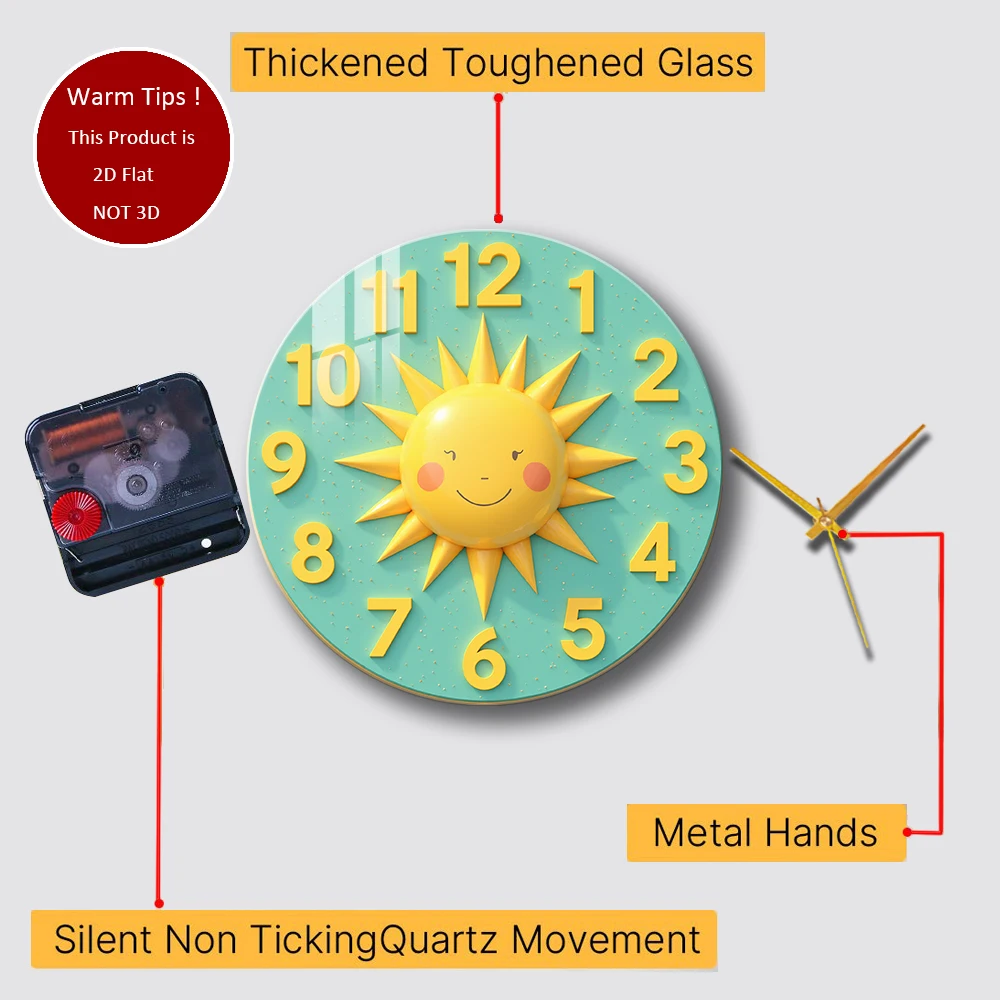 Tempered Glass Wall Clock Sun Clock Face Numbers Smile Yellow Suitable For Wall Decor or Tabletop Display Anywhere
