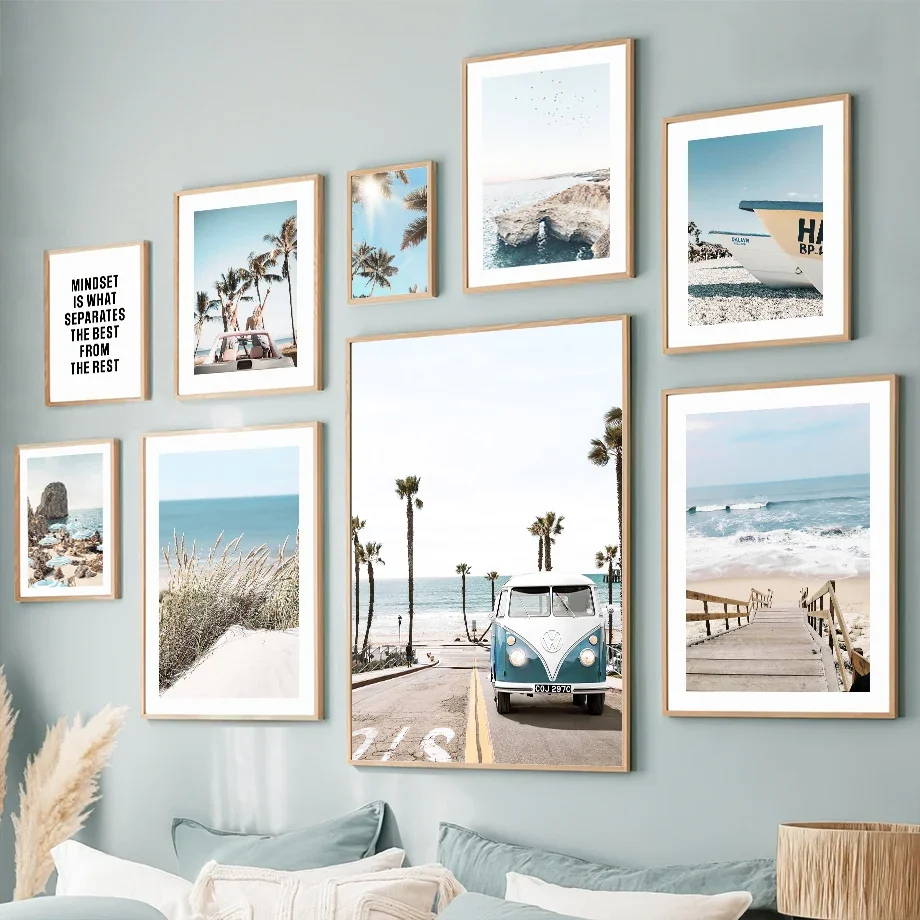 Sunshine Blue Ocean Beach Grass Seaside Cliff Van Car Poster Print Wall Art Canvas Painting Modern Pictures Living Room Decor