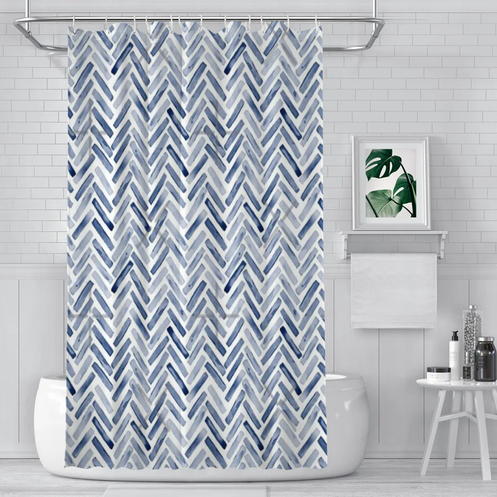 

Indigo Blue Watercolor Herringbone Chevron Unique decor Modern Fabric Bathroom Shower Curtains art design Print Curtain