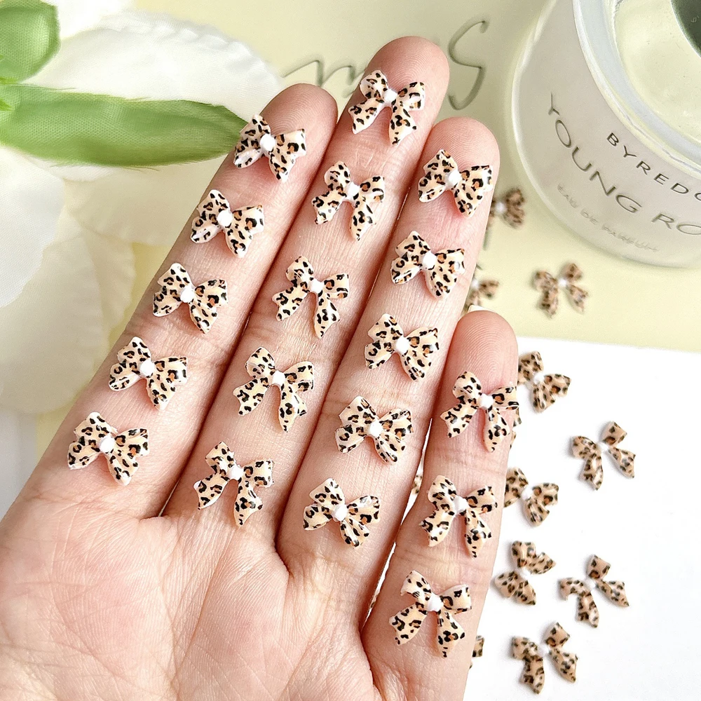 30Pcs Cute Leopard Print Kitty Bow Nail Art Charm 3D Cartoon Kawaii Speckle Bowknot Nail Ornament DIY Exquisite Nail Accessories